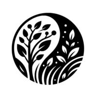 A Yin and Yanginspired circular featuring stylized black botanical elements a tree with berries, leaves, and grasses, set against white and black background. vector