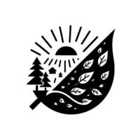 A minimalist black and white illustration depicting a sunrise over a forest and houses, contained within a leafs silhouette, representing natures balance. vector