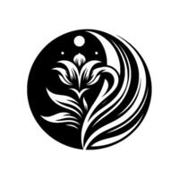 A stylized black and white circular emblem featuring a floral motif emerging from a black background, surrounded by abstract curves, with dot details. vector