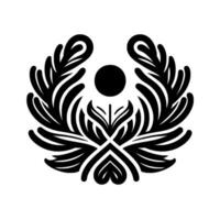 A symmetrical black and white floral emblem featuring a central orb, flanked by symmetrical featherlike structures, and intertwined plant elements, on a plain white background. vector