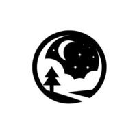Minimalist Nighttime Forest Scene Silhouette of Pine Tree, Crescent Moon, Stars, and Clouds in a Circular Black and White . vector
