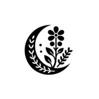 A minimalist botanical illustration of a crescent moon embracing a stylized flower, foliage, and dots, set against a clean white background. vector