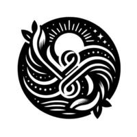 Elegant Black and White Circular Serene Sun, Leafy Swirls, and Ornate Lines in a Minimalist Aesthetic. vector