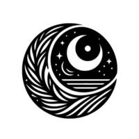 A stylized black and white circular featuring a crescent moon, stars, and a celestial seascape with intricate leaflike patterns around it. vector