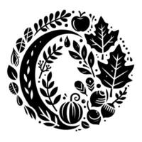 Black and white autumn wreath composed of leaves, fruits, and foliage, forming a circular on a white background. vector