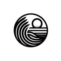 Abstract Monochrome A stylized ocean scene within a circle, featuring waves, a sunmoon, and minimalist aesthetics, perfect for logos or elements. vector