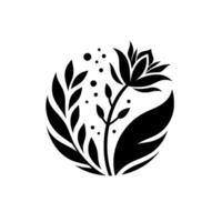 Elegant Black and White Floral A botanical composition featuring a stylized flower, leaves, and decorative dots within a circular frame. vector