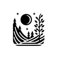 Black and White Geometric Landscape Depicting a Night Scene Mountains, Trees, Moon, and Stars within a Rectangular Frame. vector