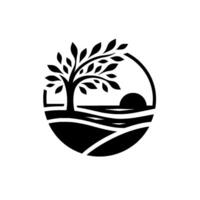Black and white showcasing a tree, sun, and landscape within a circular frame, evoking serenity and nature. vector