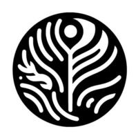 Black and white circular featuring stylized feather with leaflike elements and delicate lines, against a white background. vector