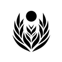 Abstract, symmetrical black and white resembling a stylized sun or seed motif. Composed of leaves and a circular central element. vector