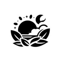 Stylized Monochrome Sun, Moon, Clouds, and Leaves, Representing Day and Night Harmony in Natures Embrace. vector