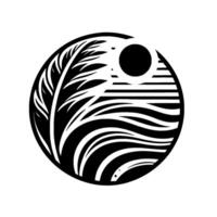 A serene, stylized black and white circle art piece featuring a feather, sun, and ocean waves, blending natures elements. vector
