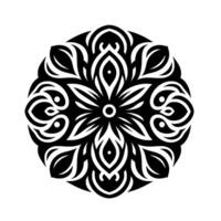 Intricate black and white symmetrical mandala with layered petal and leaf motifs, featuring central dot and overall circular composition. vector