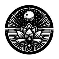 Intricate black and white circular a lotus flower blooming under a moonlit starry sky within geometric framework. vector