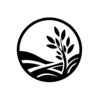 Minimalist Black and White Tree and Rolling Hills Framed in a Circle, Representing Growth and Nature. vector