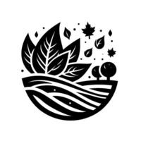 Symbolic illustration of a stylized black and white landscape, featuring oversized leaves, falling foliage, fields, and trees, all within a circular . vector