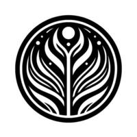 Monochromatic botanical within a circular frame, featuring stylized leaves and dots, with a minimalist and elegant aesthetic. vector