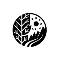 Yin Yanginspired minimalist featuring a tree with winter branches facing the sun, mountains, and stylized nature elements within a black circle, set on white. vector