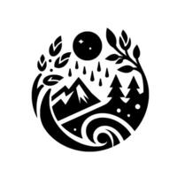 Stylized black and white circular emblem depicting a mountain range, trees, rain, leaves, and a star in a full moon, embodying natures elements. vector