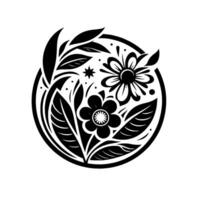 Intricate Monochrome Floral , Depicting Flowers and Leaves within a Circular Frame, Symbolizing Natures Beauty and Simplicity. vector