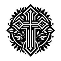 A meticulously designed black and white emblem featuring a cross at its center, surrounded by intricate geometric shapes and stylized foliage, framed within a circular border. vector