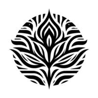 A symmetrical black and white floral composed of stylized petals and leaves, framed within a circular zebrastriped border, centered on a clean white background. vector
