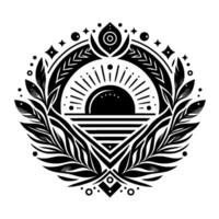 Intricate Black and White Geometric Mandala Sun, Leaves, and Celestial Elements within a Symmetrical Circular , Evoking Peace. vector