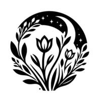 Elegant black and white floral illustration within a circular frame, featuring tulips, foliage, crescent moon and stars, symbolizing natures harmony. vector