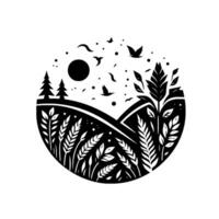 Black and white circular illustration of a wheat field with birds, sun, trees, hills, and dots, creating a harmonious landscape. vector