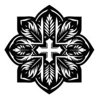 Ornate Black and White Floral Cross Mandala with Leafy Elements and Geometric Symmetry on White Background. vector
