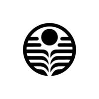A minimalist black and white circular depicting stylized leaves or feathers, surrounded by horizontal lines and a central black circle. vector
