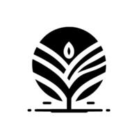 A minimalist black and white representing a stylized tree within a circle, with an organic shape at the top resembling a drop or a seed, conveying growth. vector