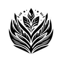 Intricate monochrome floral , a symmetrical composition of stylized leaves and feathers arranged in a circular pattern, accented by dots and lines, against a pristine white background. vector