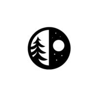 A minimalist black and white showing a split circle, one half depicts a pine tree, the other a night sky with moon and stars. vector