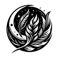 A stylized black and white circular featuring feathers and a crescent moon, nestled in a starlit background, evocative of peace and tranquility. vector