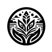 A stylized, circular featuring a central plant with ornate leaves and a skylike background, rendered in black and white. vector