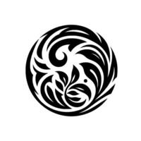 A circular, black and white stylized featuring organic shapes, swirls, leaves and a central focal point, set against a clean white background. vector
