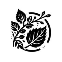 Elegant Black and White Floral Arrangement with Leafy Branches Encased in a Circular Frame, Suggesting Natures Serenity. vector