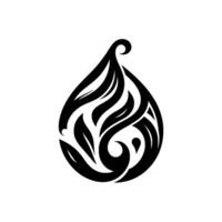 Intricate black and white teardrop , a tribalinspired with flowing lines, leaflike elements, and a curled top against a stark white background. vector
