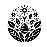 Monochromatic, symmetrical Easterthemed illustration featuring an egg, sun, florals, and organic leaf patterns, creating a circular . vector