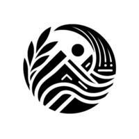 A Minimalist Black and White Emblem Featuring Foliage, Geometric Shapes, Mountain, and Circular Composition. vector