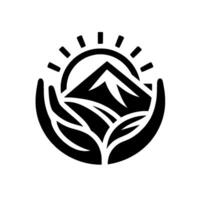 Symbolic black and white minimalist depicting nature, a sun cradling mountains within protective hands and foliage, on a white background. vector