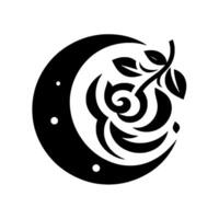 A minimalist black and white featuring a stylized crescent moon encompassing a rose and sprig of leaves. vector