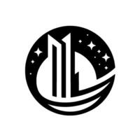 Abstract Black and White Featuring Stylized Skyscrapers, Crescent Moon, and Stars within a Circle, Conveying Modernity. vector