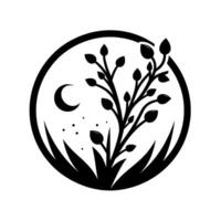 Serene nightscape within a circle a stylized silhouette of a budding plant, moon, grass, and stars rendered in black and white. vector