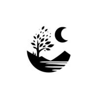 A serene monochrome emblem A tree, mountain, lake, and crescent moon within a circular border, capturing the tranquil beauty of nature at night. vector