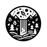 Serene nature scene in a circular black and white featuring mountains, waterfall, trees, leaves, and a serene, peaceful mood. vector