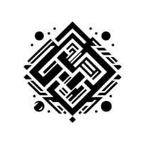 Geometric Black and White Composition A symmetrical, abstract featuring interconnected shapes, lines, and dots arranged in a diamond format, evoking a sense of order. vector