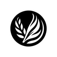 A minimalist, monochrome emblem featuring stylized wheat and leaves within a stark black circle against a bright white backdrop. vector